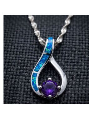 Sterling Silver Necklace And  Silver Pendant With Fire Opal Overlay And Amethyst